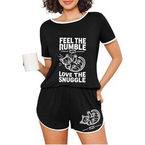 Feel the Rumble, Love the Snuggle - Women's Black Short-Sleeved Cat Pajama Set